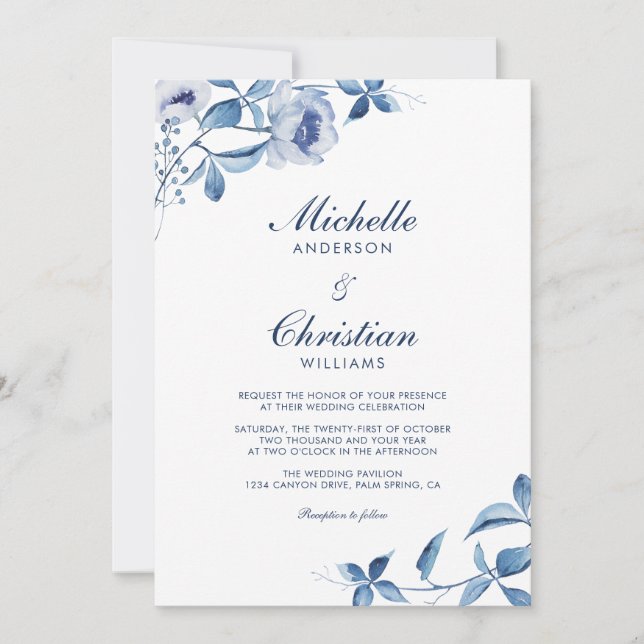 Convite de Casamento Floral Aquarela Azul (Frente)