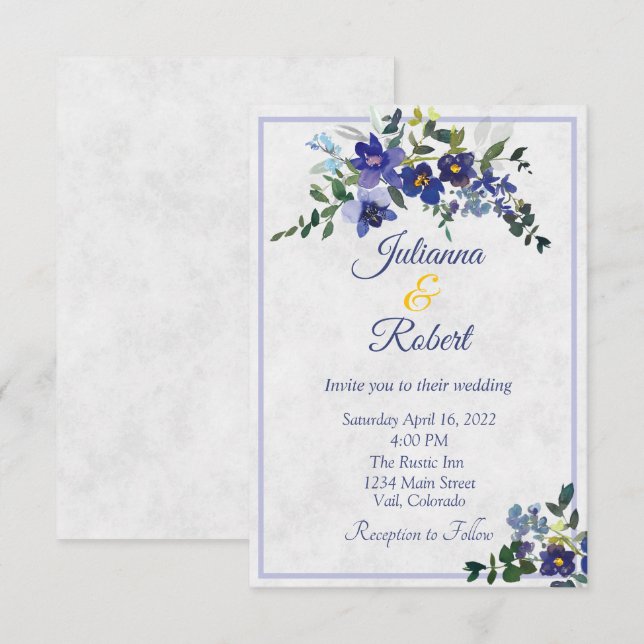 Convite de casamento floral aquarela azul e amarel (Frente/Verso)