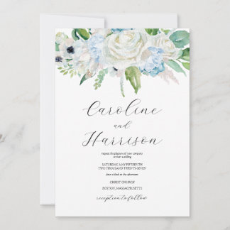Convite de Casamento Floral Aquarela Azul Elegante