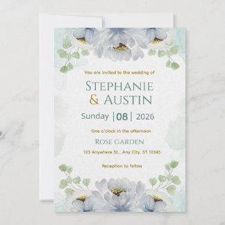 Convite de Casamento Floral Aquarela Azul Verde El
