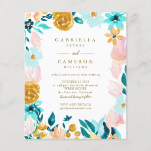 Convite de Casamento Floral Aquarela Boho Azul Tur