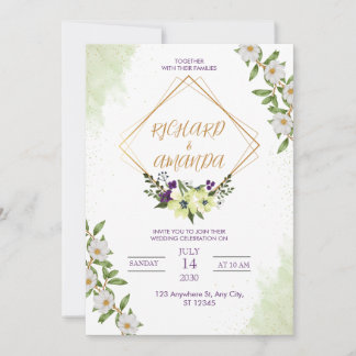 Convite de Casamento Floral Aquarela Branco e Verd