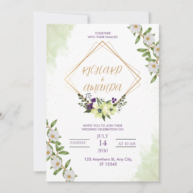 Convite de Casamento Floral Aquarela Branco e Verd (Frente)