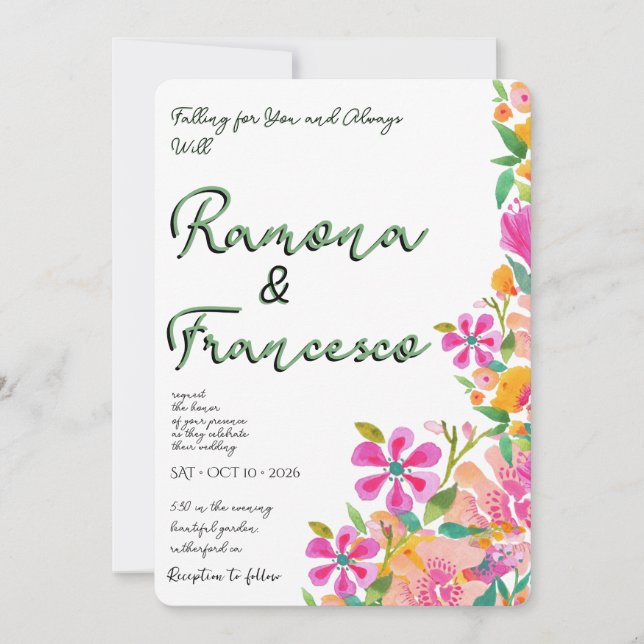 Convite de Casamento Floral Aquarela Fall For You (Frente)