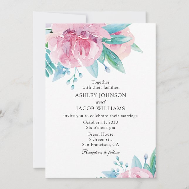 Convite de casamento floral aquarela. Flores rosa (Frente)
