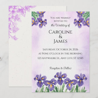 Convite de Casamento Floral Aquarela Íris Roxo Ele