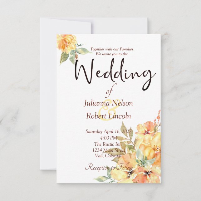 Convite de casamento floral aquarela laranja e ama (Frente)