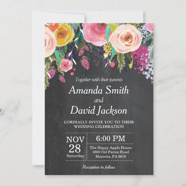 Convite de Casamento Floral Aquarela Lousa (Frente)