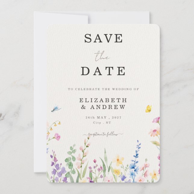 Convite de casamento floral aquarela para salvar a (Frente)
