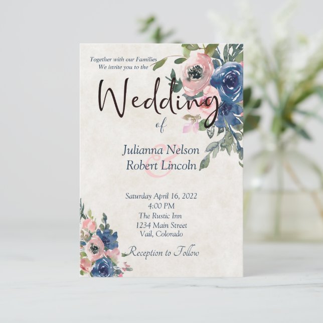 Convite de casamento floral aquarela rosa e azul (Em pé/Frente)