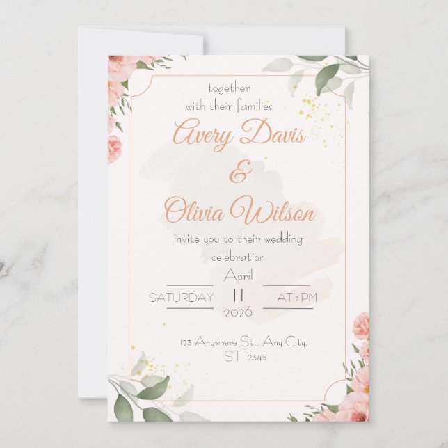 Convite de Casamento Floral Aquarela Rosa e Verde (Frente)