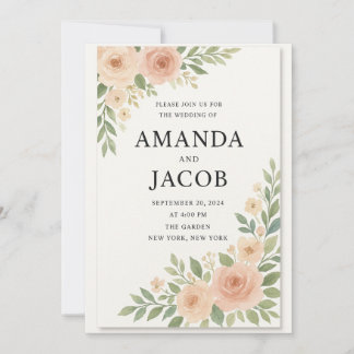Convite de Casamento Floral Aquarela Rosa Elegante