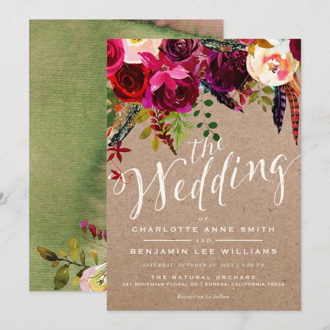 CONVITE DE CASAMENTO | Floral Aquarela Rústico Boh (Frente/Verso)