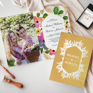 Convite de Casamento Floral Aquarela Vibrante com 