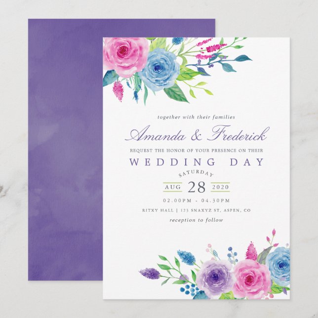 Convite de Casamento Floral Aquarela Violeta Ultra (Frente/Verso)