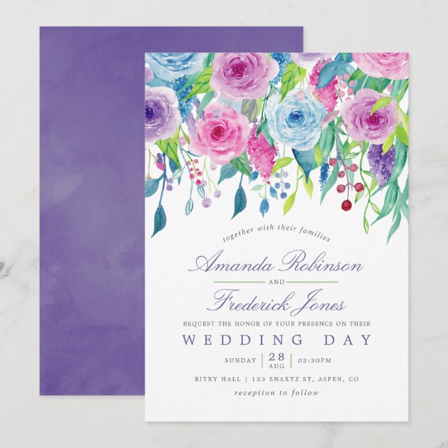 Convite de Casamento Floral Aquarela Violeta Ultra (Frente/Verso)