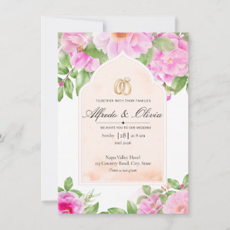 Convite de Casamento Floral Arqueado de Peônia Ros