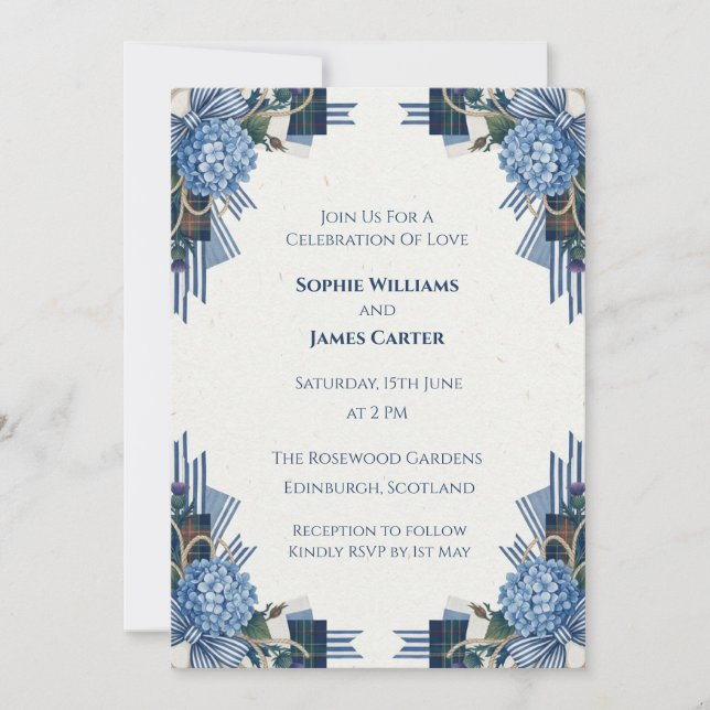 Convite de Casamento Floral Art Déco Azul (Frente)