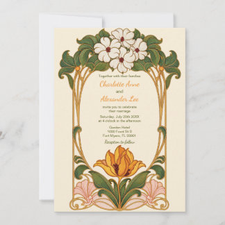 Convite de Casamento Floral Art Nouveau Dourado Vi
