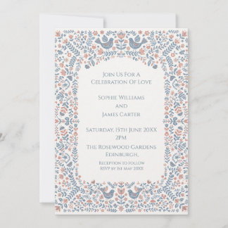 Convite de Casamento Floral Arte Popular Azul