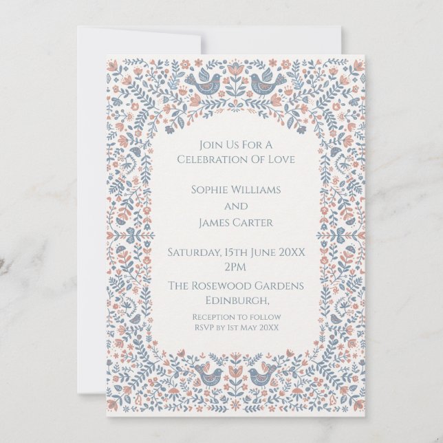 Convite de Casamento Floral Arte Popular Azul (Frente)