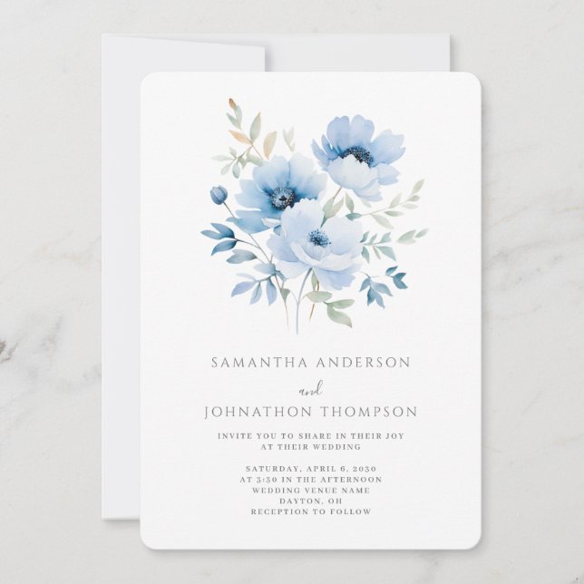 Convite de Casamento Floral Azul (Frente)
