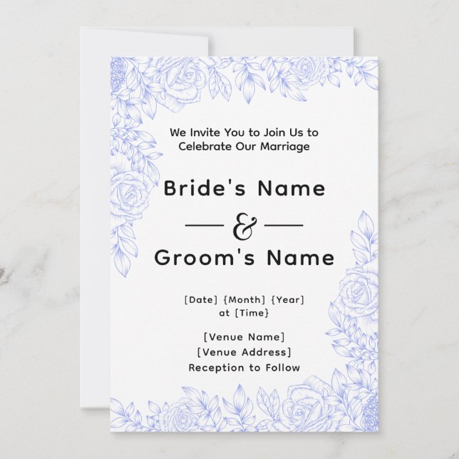 Convite de Casamento Floral Azul (Frente)