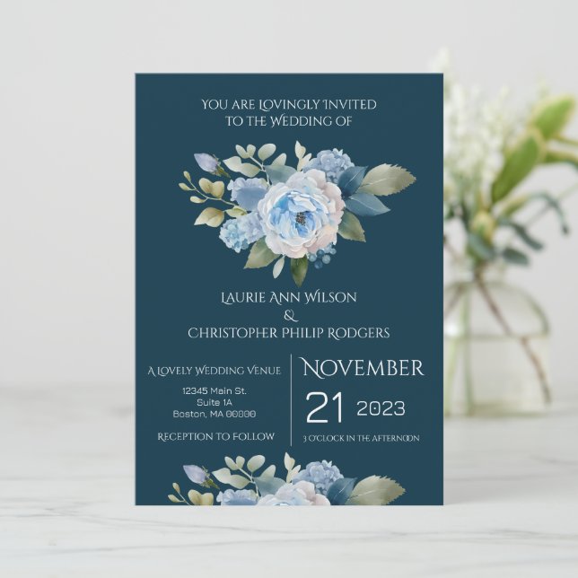 Convite de Casamento Floral Azul (Em pé/Frente)