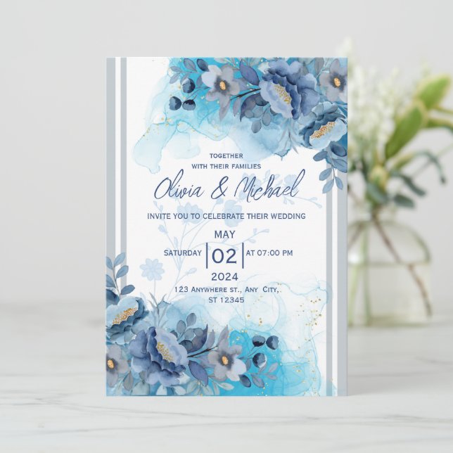 Convite de Casamento Floral Azul (Em pé/Frente)