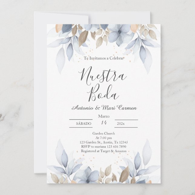 Convite de Casamento Floral Azul (Frente)