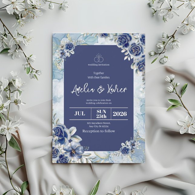 Convite de Casamento Floral Azul (Criador carregado)