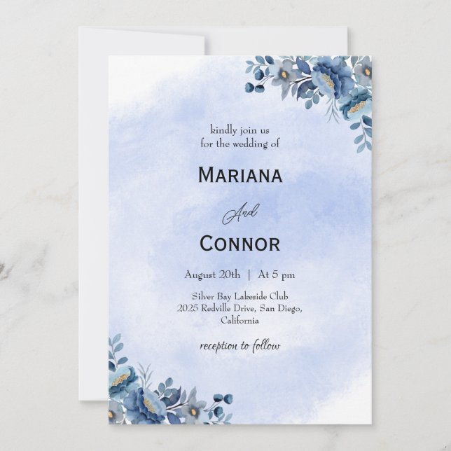 Convite de Casamento Floral Azul Aquarela (Frente)