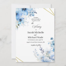 Convite de Casamento floral azul aquarela