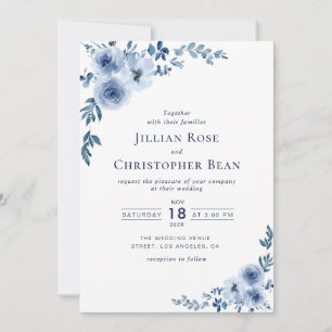 convite de casamento floral azul-aquarela moderno