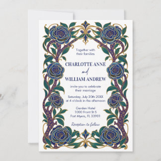 Convite de Casamento Floral Azul Art Nouveau