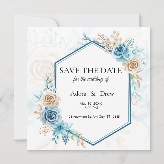 Convite de Casamento Floral Azul Bege (Frente)