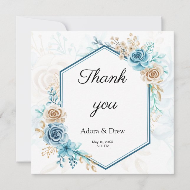 Convite de Casamento Floral Azul Bege (Frente)