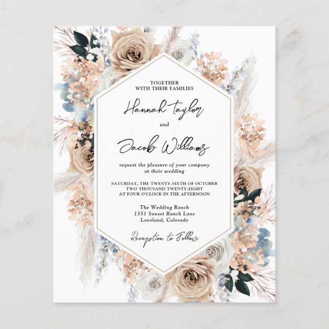 Convite de casamento Floral Azul bege Azul (Frente)