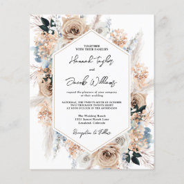Convite de casamento Floral Azul bege Azul