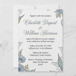 Convite de Casamento Floral Azul Botânico Vintage 