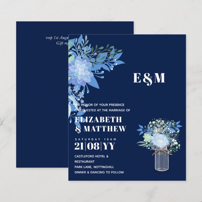 CONVITE DE CASAMENTO Floral Azul BUDGET (Frente/Verso)