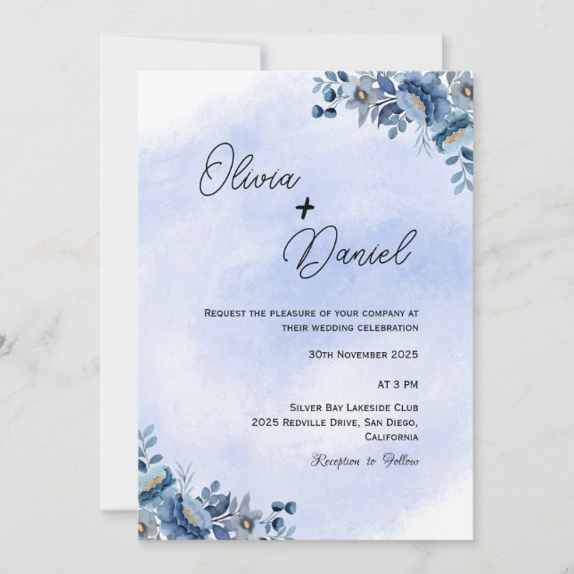 Convite de Casamento Floral Azul Clássico (Frente)