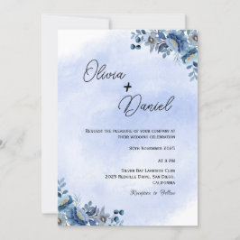 Convite de Casamento Floral Azul Clássico