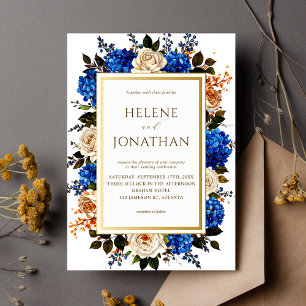 Convite de Casamento Floral Azul Cobalto Aquarela