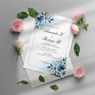 Convite De Casamento Floral Azul Com Água-Vidosa