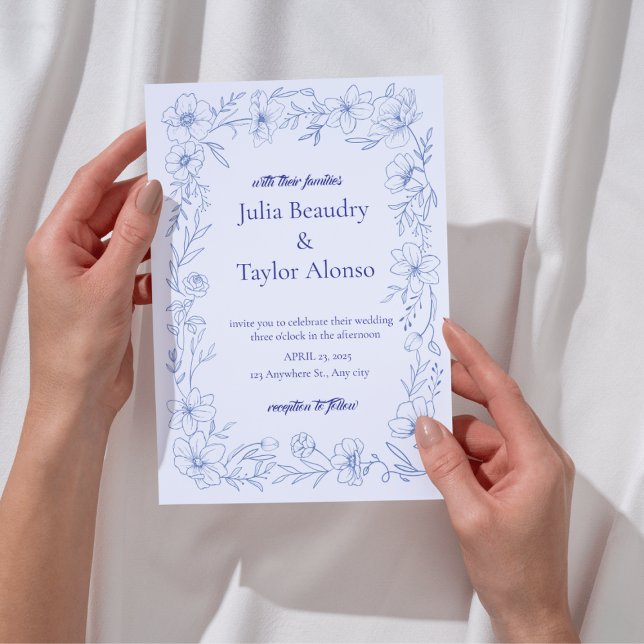 Convite de Casamento Floral Azul com Pombo Branco  (Criador carregado)