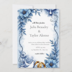 Convite de Casamento Floral Azul com Pombo Branco