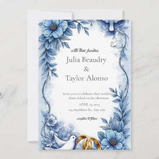 Convite de Casamento Floral Azul com Pombo Branco 