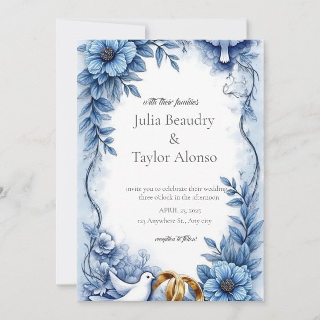 Convite de Casamento Floral Azul com Pombo Branco  (Frente)