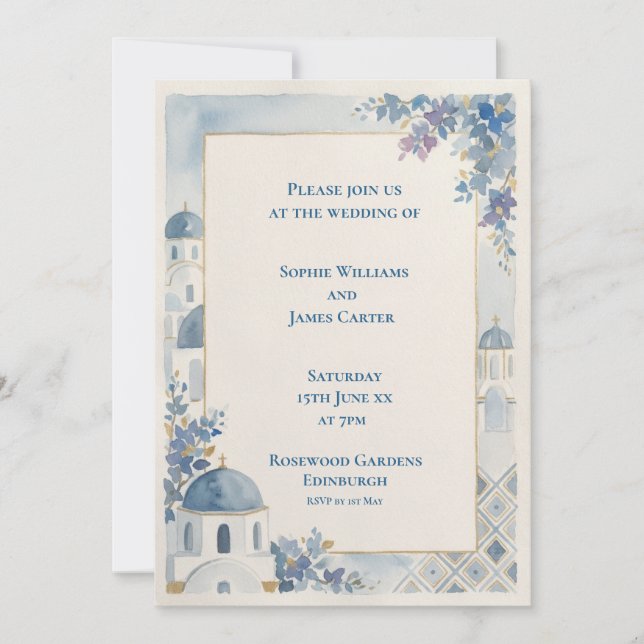 Convite de Casamento Floral Azul de Santorini (Frente)